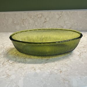 Vintage FTD Green Glass Bowl Textured Oval Impressed 10" Diameter 2.5" Height